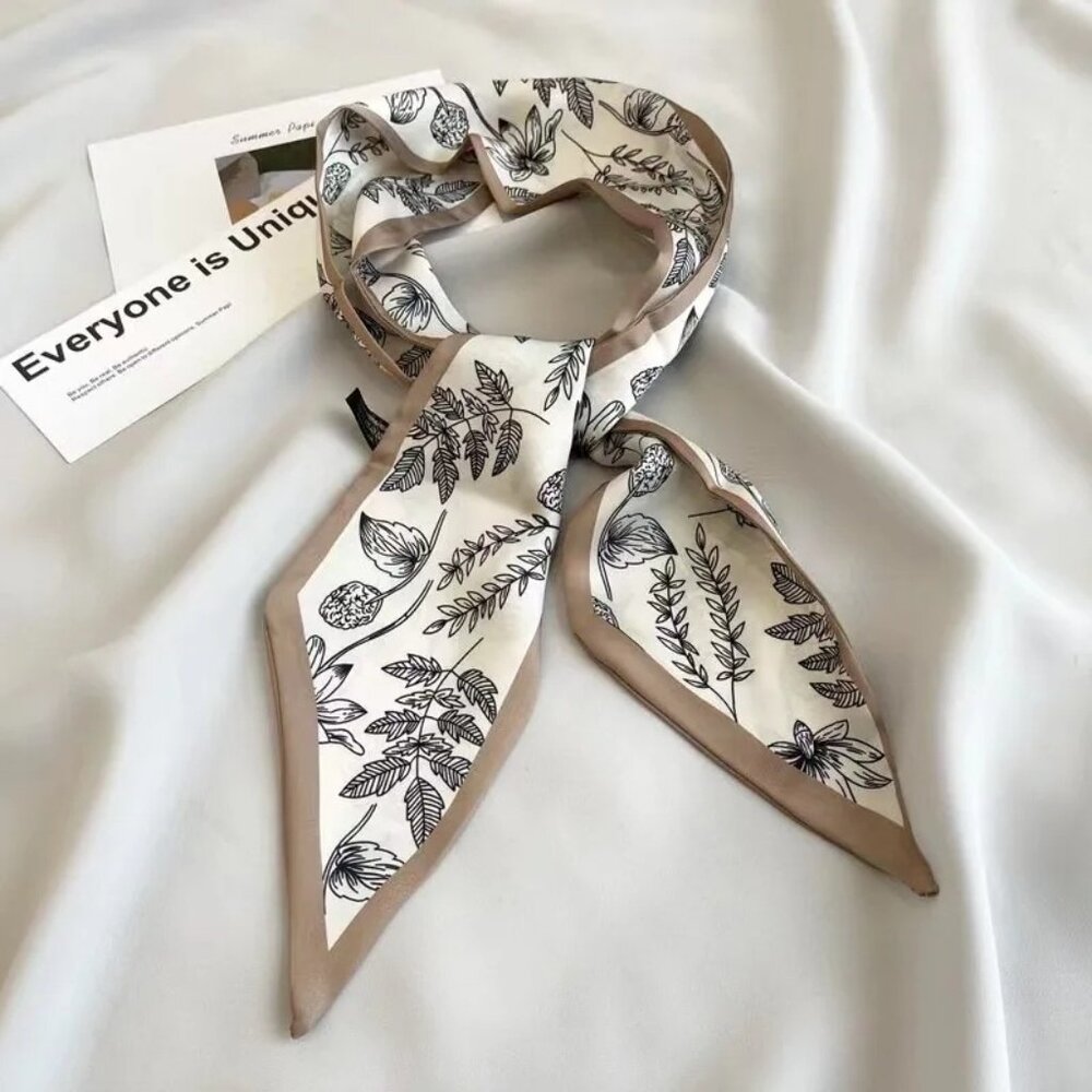 2/$30 Leaf Print Neck Scarf Polyester 38" Long Beige White & Black